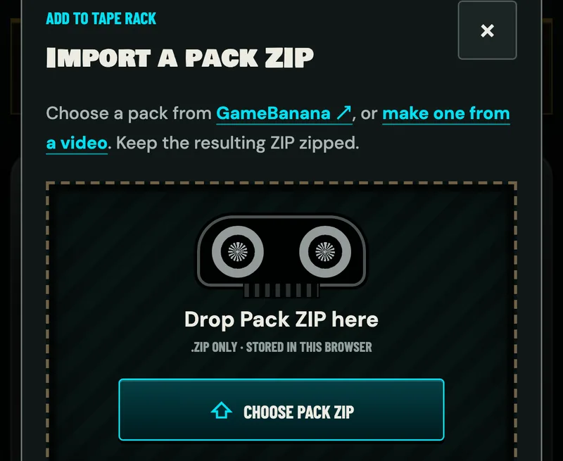 The import panel on a phone with the Choose Pack ZIP button