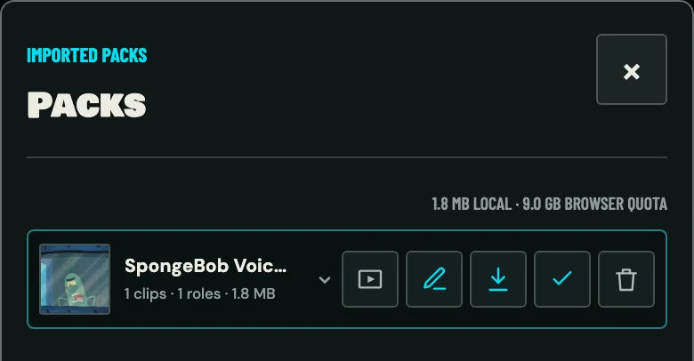 The Packs library on a phone with one imported voice pack