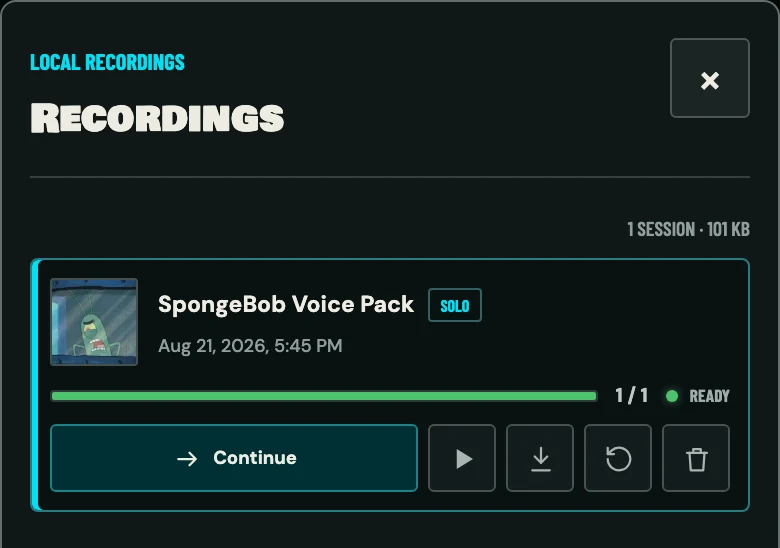 The Recordings library on a phone with one completed recording session
