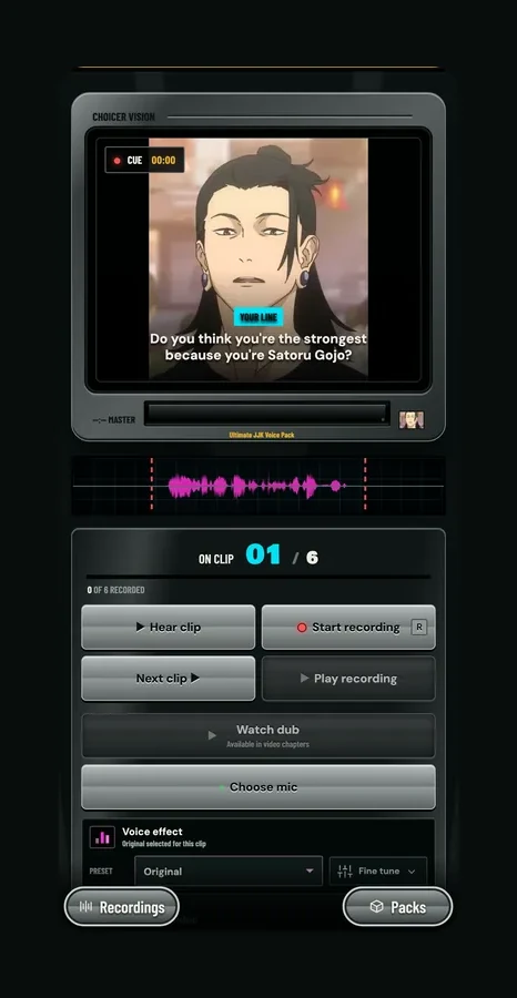 Choicer Voicer Studio on a phone with a voice pack loaded and the recording controls visible
