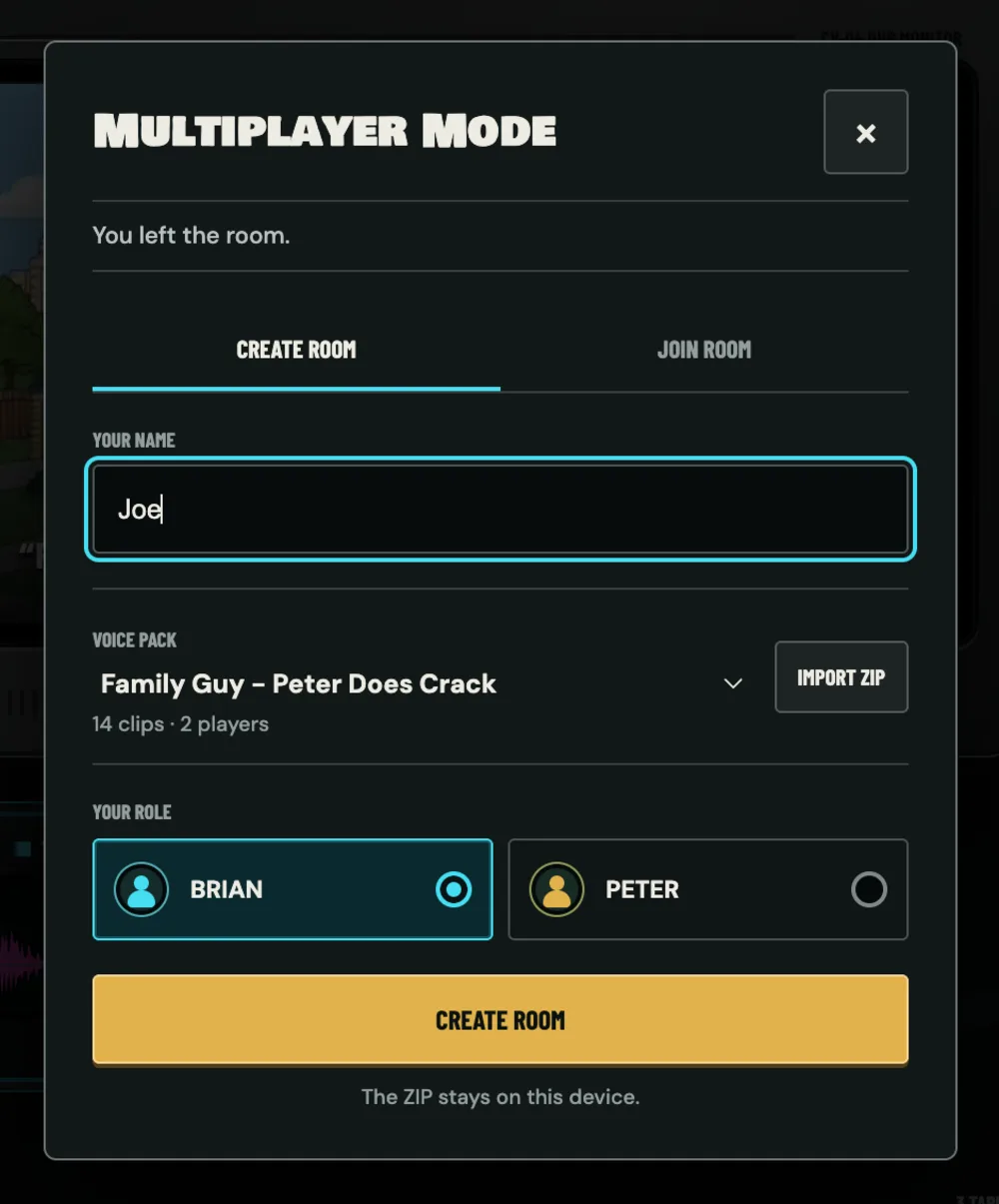 Create room panel showing name, voice pack and role selection