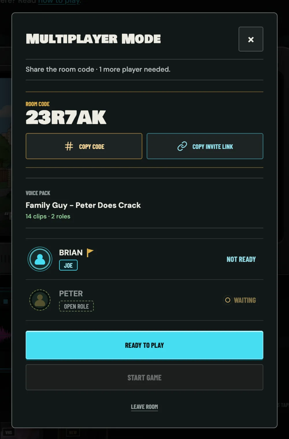Multiplayer room showing a six character room code and role readiness